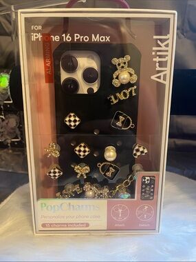 NWOT Black iPhone 16 Pro Max Case with Gold & Pearl PopCharms